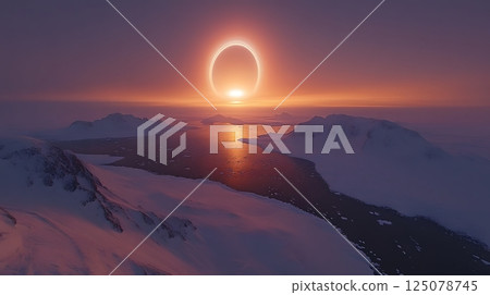 A large circle of light is seen in the sky above a body of water A large circle of light is seen in the sky above a body of water 125078745