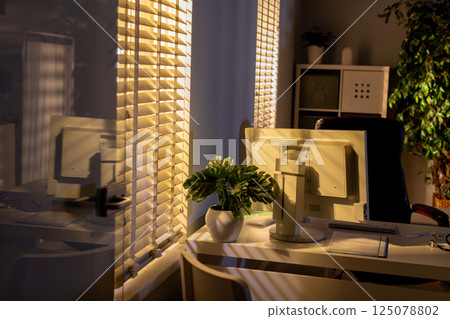 A Charming Home Office that features Natural Light and Beautiful Greenery throughout the space 125078802