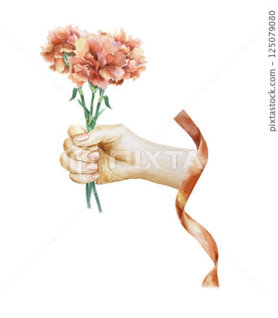 Red carnations bouquet in hand, red ribbon. Hand drawn watercolor illustration isolated. Greeting cards for Revolution Day, Remembrance Day, Victory Day, Independence Day, invitations, posters, labels 125079080
