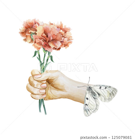 Red carnations bouquet in hand, butterfly Mnemosyne. Hand drawn watercolor illustration. Greeting cards for Revolution Day, Remembrance Day, Victory Day, Independence Day, invitations, posters. Red carnations bouquet in hand, butterfly Mnemosyne. Hand drawn watercolor illustration. Greeting cards for Revolution Day, Remembrance Day, Victory Day, Independence Day, invitations, posters. 125079081