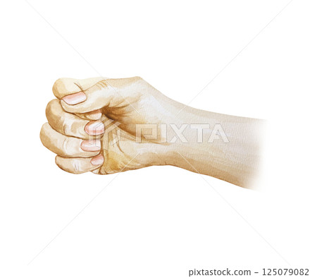 Human hand holding, fingers clenched into a fist. Hand drawn watercolor illustration isolated on white. For greeting cards, invitations, labels, banners, posters. 125079082