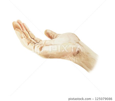 Human hand, open palm, taker gesture. Hand drawn watercolor illustration isolated on white. For Mother's day greeting cards, birthday cards, invitations, labels, banners. 125079086