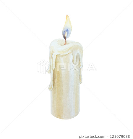 Burning candle with dripping wax. Hand drawn watercolor illustration isolated on white. For Revolution Day, Remembrance Day, Victory Day, Independence Day greeting cards, invitations, posters, labels. 125079088