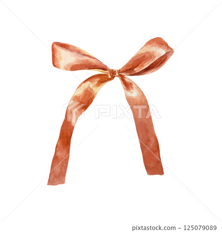 Red satin bow. Decor for Christmas, New Year and birthday gifts, bouquets. Hand drawn watercolor illustration isolated on white. Design element for greeting cards, invitations, labels, banners. 125079089