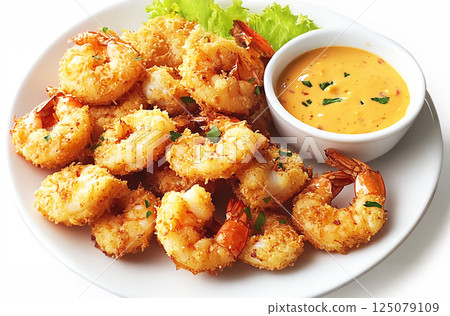 Deep Fried Shrimps with Dipping Sauce. Delicious golden-brown fried shrimps, breaded and deep-fried to perfection, served with a tangy dipping sauce. 125079109