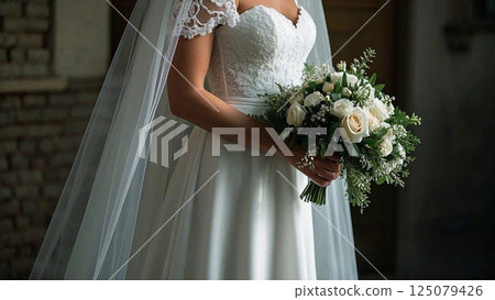 Woman with a bouquet of white roses 3 125079426