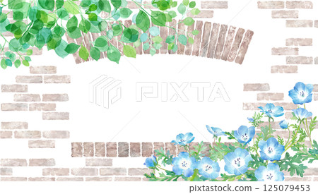 Watercolor illustration of fresh green branches and nemophila against the background of a brick wall and window. Natural frame design. 125079453