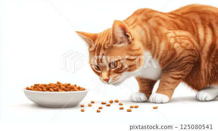 A cat eating from a bowl on a light background. 125080541