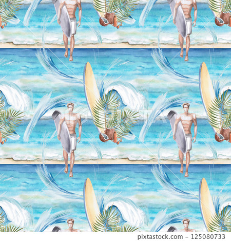 Seamless pattern with a surfer, sea and sand. Watercolor illustration on a turquoise background on the theme of active recreation for printing on posters, fabrics, restaurant design, sports stores. Seamless pattern with a surfer, sea and sand. Watercolor illustration on a turquoise background on the theme of active recreation for printing on posters, fabrics, restaurant design, sports stores. 125080733