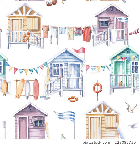 Seamless pattern with beach houses, drying laundry, flags. Watercolor illustration on a white background on the theme of seaside recreation for printing on posters, fabrics, restaurant design. 125080739