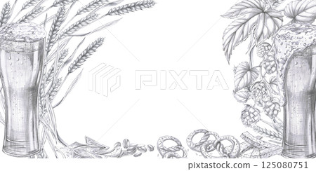 Rectangular frame with two pints of beer, ears of corn, branches of hops. Isolated pencil illustration in a realistic style for the design of a pub menu, interior, advertising brochures. 125080751