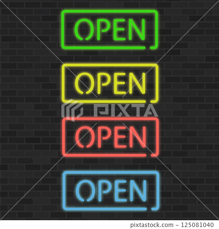 Vector colorful glowing frame. Neon banner on black background. Colored OPEN sign. Bright retro light enter symbol for club or bar casino, cinema. Decoration on wall and template covering Vector colorful glowing frame. Neon banner on black background. Colored OPEN sign. Bright retro light enter symbol for club or bar casino, cinema. Decoration on wall and template covering 125081040