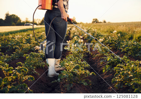 Rear view of woman that using equipment for sprinkle potato on the agricultural field at daytime 125081128