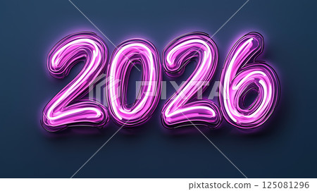 Neon 2026 year design, glowing pink numbers on dark background 125081296