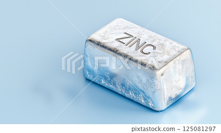 Metal ingot with engraved word "Zinc" on blue background. Industrial material concept 125081297