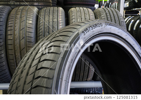 Closeup of the tread of a large size high performance summer tire Closeup of the tread of a large size high performance summer tire 125081315