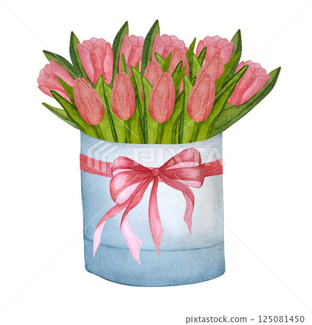 Bouquet of pink tulips in gift box hand painted with watercolor on white background. Perfect for design of cards, invitations and textiles. 125081450
