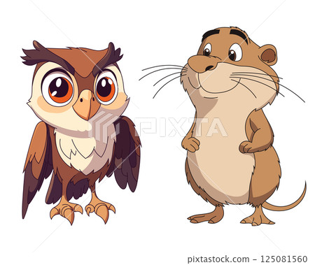 Animated owl and rodent characters stand side by side, presenting a lighthearted and friendly visual concept. Illustration art style. 125081560