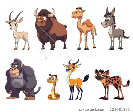 Collection of cartoon animals including a gazelle, bison, camel, donkey, gorilla, snake, deer and hyena, isolated on a white background. Collection of cartoon animals including a gazelle, bison, camel, donkey, gorilla, snake, deer and hyena, isolated on a white background. 125081561