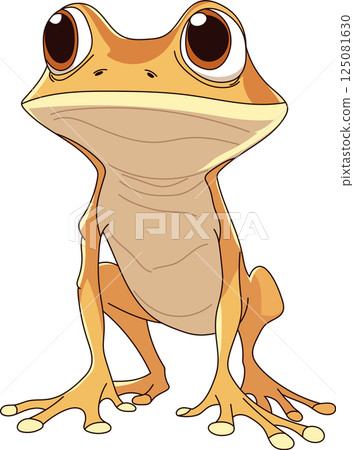 Cartoon frog standing with big eyes. The amphibian is cute and whimsical, isolated on a black background, designed in cartoon style. 125081630