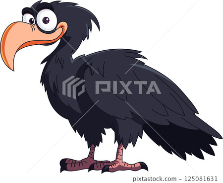 A cartoon illustration shows a dark-feathered bird with large eyes and a curved beak standing against a black background. A cartoon illustration shows a dark-feathered bird with large eyes and a curved beak standing against a black background. 125081631