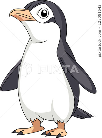 A cartoon penguin stands against a black backdrop, featuring gray plumage, a white belly, a yellow beak, and black feet, creating a simple scene. 125081642