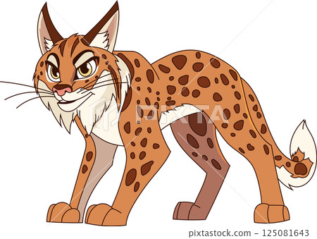 Cartoon lynx with an intense stare, poised in a dynamic pose, showcases unique spot patterns and a fluffy tail against a transparent background. Cartoon lynx with an intense stare, poised in a dynamic pose, showcases unique spot patterns and a fluffy tail against a transparent background. 125081643