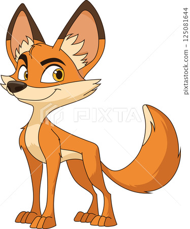 A charming cartoon fox with a sly smile, standing alert. Its bright orange fur and confident stance make it stand out on the black background. A charming cartoon fox with a sly smile, standing alert. Its bright orange fur and confident stance make it stand out on the black background. 125081644