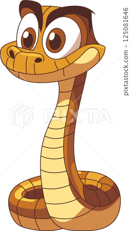 Cartoon snake with a sly grin, bright eyes, and tan and brown coloring, coiled and ready to strike. Cute yet menacing. 125081646