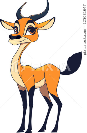 Cartoon-style gazelle with orange and beige fur, long neck, and dark blue legs and tail, standing against a black backdrop. 125081647