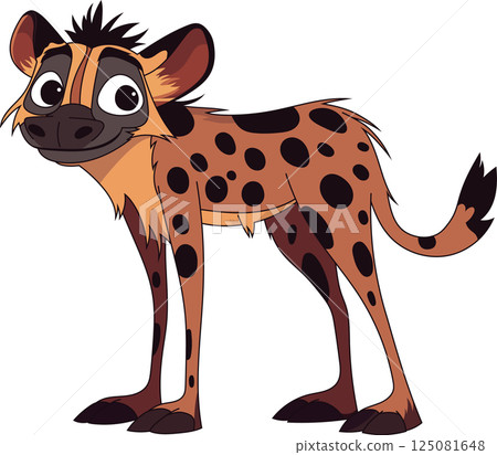 A stylized illustration of a spotted hyena standing with a neutral expression against a solid black background. Hyena is light orange. 125081648