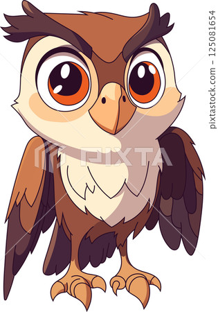 Cartoon depiction of an owl standing with big eyes, expressive eyebrows, and brown and beige plumage, set against a dark background. 125081654
