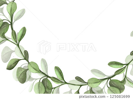 Green branches horizontal banner, frame. Botanical hand drawn watercolor illustration with white background. Perfect as web banner, greeting card and invitation template, Easter or wedding decoration. 125081699