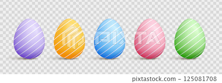 Pastel Easter egg 3d vector set - cartoon shapes with solid color, polka dots, strips and diagonal lines patterns, shadow on transparent background for seasonal spring holidays design. 125081708