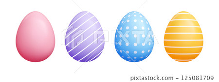 3d cartoon pastel Easter egg set - oval vector shapes with solid vibrant colors, polka dots, decorative striped diagonal lines drawing. Cute geometric patterns for seasonal spring holidays design 125081709