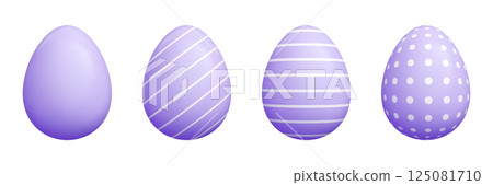 Cartoon 3d Easter egg set - purple solid oval shapes decorated striped diagonal lines, cute polka dots patterns, drawing geometric graphic style vector illustration for spring holidays greeting cards Cartoon 3d Easter egg set - purple solid oval shapes decorated striped diagonal lines, cute polka dots patterns, drawing geometric graphic style vector illustration for spring holidays greeting cards 125081710
