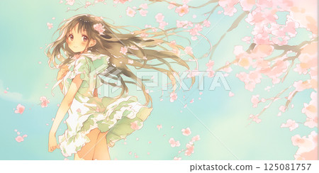 A woman with her hair and skirt fluttering in the cherry blossom snow. Watercolor painting. Illustration. 125081757
