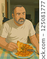fat man eating pizza in pizzeria 125081777