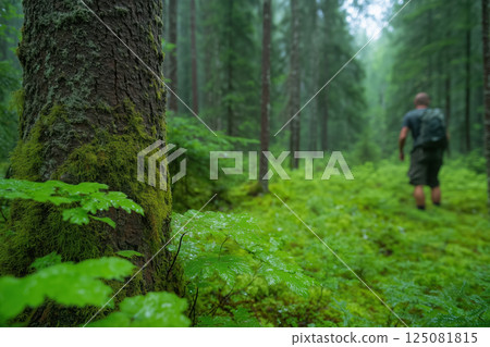 Man hiking in a foggy forest with trees and ferns 125081815