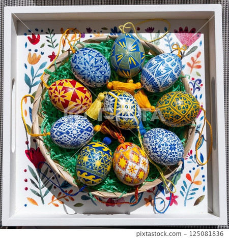Celebration of Easter eggs featuring traditional Ukrainian pysanky with intricate folk patterns displayed in a vibrant basket surrounded by colorful decorations showcasing joyful festivity 125081836
