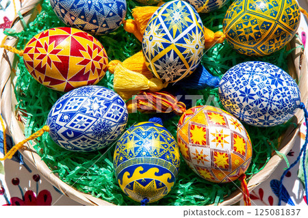 Colorful Easter eggs beautifully feature traditional Ukrainian pysanky with intricate folk patterns arranged in a vibrant Easter basket enhancing the festive spirit of the season 125081837