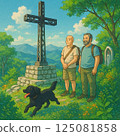 a man and a woman with a dog on a walk in the park with a dog 125081858