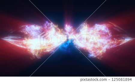 A mirrored abstract pink and blue swirling energy, forming a cosmic and futuristic design A mirrored abstract pink and blue swirling energy, forming a cosmic and futuristic design 125081894