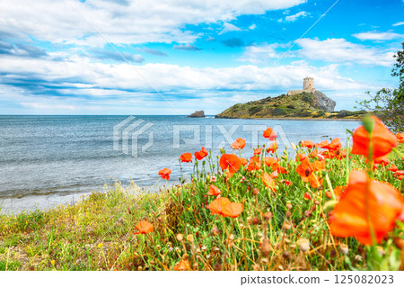 Gorgeous view on Ancient Spanish tower of Coltellazzo of Saint Efisio lighthouse at Nora archeological site 125082023