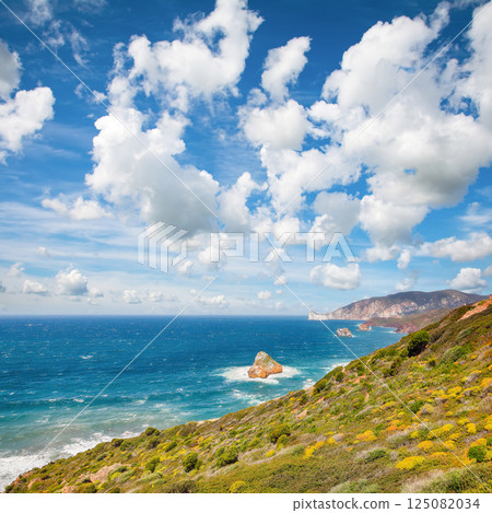 Astonishing spring view of Nebida and Masua coast and Pan Di Zucchero on background. 125082034
