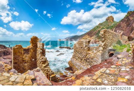 Astonishing spring view of ancient ruins of Laveria Lamarmora (Miniera di Nebida). Astonishing spring view of ancient ruins of Laveria Lamarmora (Miniera di Nebida). 125082038