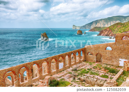 Astonishing spring view of ancient ruins of Laveria Lamarmora (Miniera di Nebida). 125082039