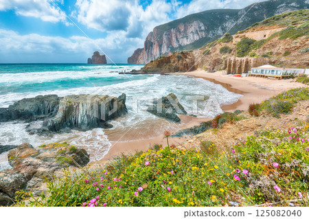 Attractive view of beach Portu Cauli in Masua with Pan di Zucchero at background. Attractive view of beach Portu Cauli in Masua with Pan di Zucchero at background. 125082040