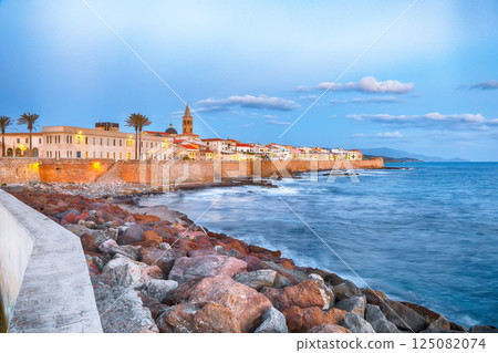 Amazing evening cityscape of historical part of Alghero town. 125082074