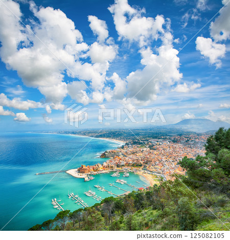 Spectacular aerial cityscape of Castellammare del Golfo town 125082105